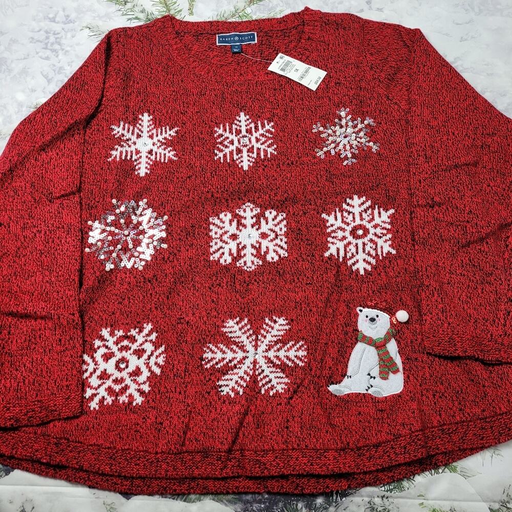 NWT Karen Scott Snowflakes Bear Red Sweater size 1X Sequins Pearls Rhinestones